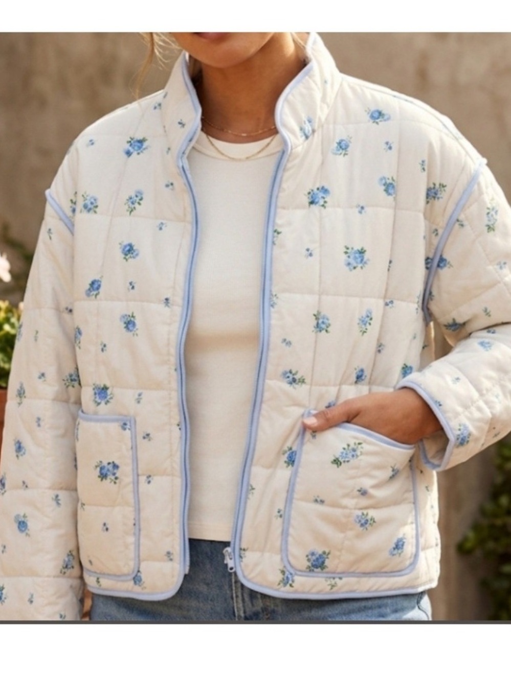 C&C California Cream Quilted Jacket with Blue Floral Trim